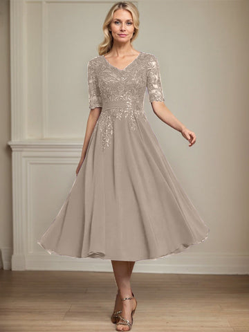 A-line V-Neck Tea-Length Lace Chiffon Mother of the Bride Dress With Sequins