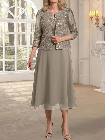 A-line Scoop Tea-Length Lace Chiffon Mother of the Bride Dress With Sequins