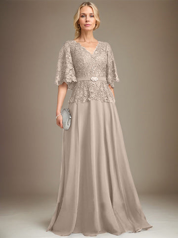 A-line V-Neck Floor-Length Chiffon Lace Mother of the Bride Dress With Crystal Brooch Rhinestone