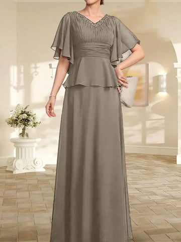 A-line V-Neck Floor-Length Chiffon Mother of the Bride Dress With Pleated Beading