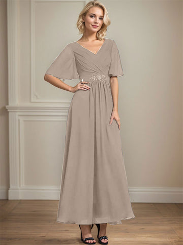 A-line V-Neck Ankle-Length Chiffon Mother of the Bride Dress With Pleated Beading Sequins