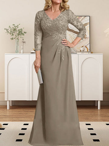 Sheath/Column V-Neck Illusion Floor-Length Lace Chiffon Mother of the Bride Dress With Pleated Sequins