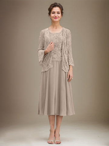 A-line Scoop Tea-Length Lace Chiffon Mother of the Bride Dress With Sequins