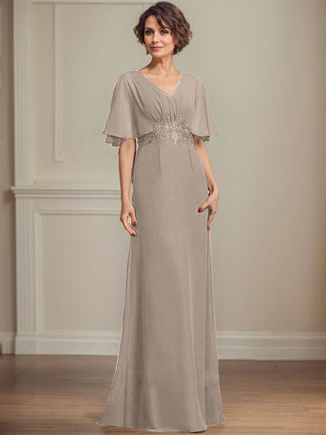 A-line V-Neck Floor-Length Chiffon Mother of the Bride Dress With Pleated Sequins Appliques Lace