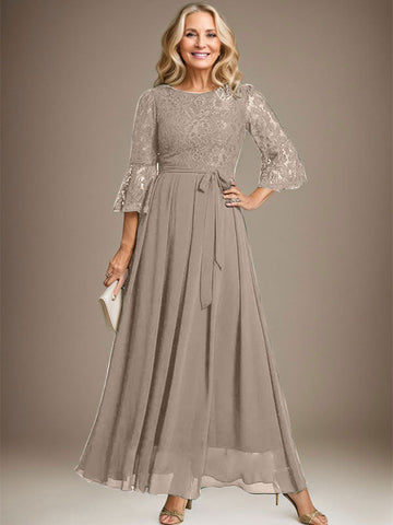 A-line Scoop Ankle-Length Lace Chiffon Mother of the Bride Dress With Bow