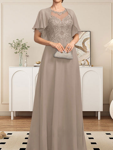 A-line Scoop Illusion Floor-Length Lace Chiffon Mother of the Bride Dress With Sequins