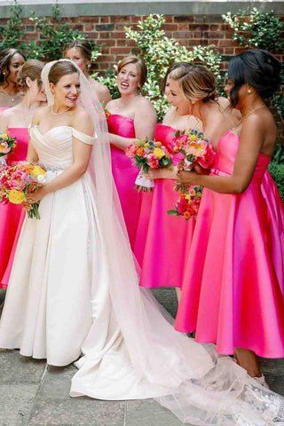 Neon Pink Tea Length Bridesmaids Dresses VMB76