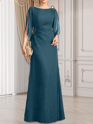 Vestido de corte recto/columna, largo hasta el suelo, de gasa, para la madre de la novia, con plisados ​​y cuentas.