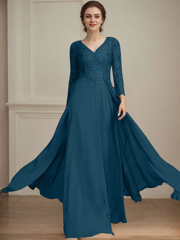 A-line V-Neck Floor-Length Lace Chiffon Mother of the Bride Dress With Sequins