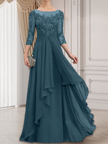 A-line Scoop Illusion Floor-Length Lace Chiffon Mother of the Bride Dress With Cascading Ruffles