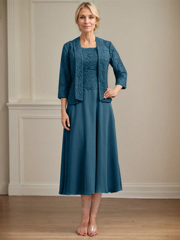 A-line Scoop Tea-Length Lace Chiffon Mother of the Bride Dress