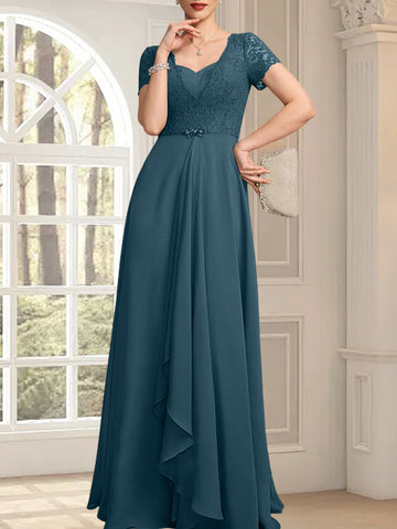 A-line Sweetheart Floor-Length Chiffon Lace Mother of the Bride Dress With Beading Cascading Ruffles