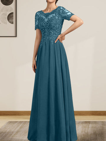 A-line Scoop Illusion Floor-Length Chiffon Lace Mother of the Bride Dress With Sequins Beading