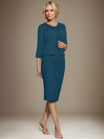 Sheath/Column Scoop Knee-Length Chiffon Lace Mother of the Bride Dress With Beading