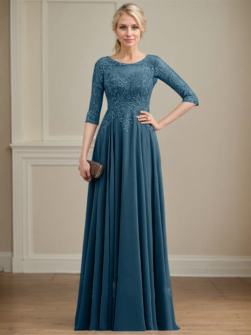 A-line Scoop Illusion Floor-Length Lace Chiffon Mother of the Bride Dress With Sequins