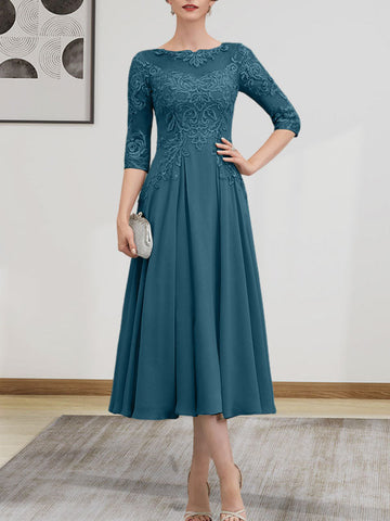 A-line Scoop Illusion Tea-Length Chiffon Lace Mother of the Bride Dress With Beading Sequins