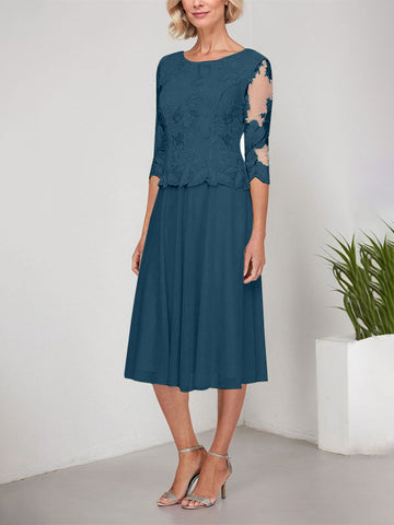 A-line Scoop Tea-Length Lace Chiffon Mother of the Bride Dress With Embroidery
