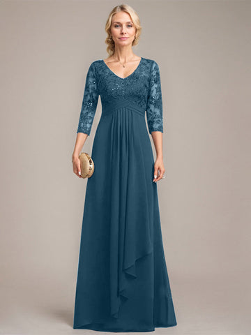 A-line V-Neck Floor-Length Lace Chiffon Mother of the Bride Dress With Cascading Ruffles Sequins