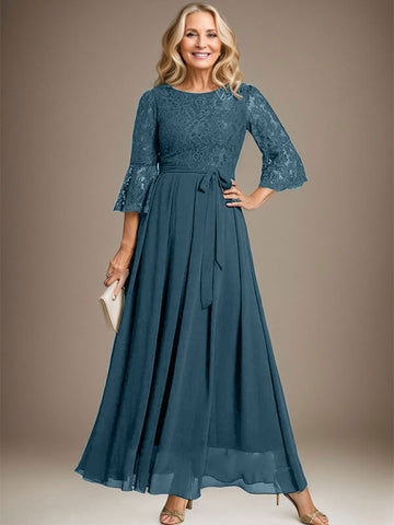 A-line Scoop Ankle-Length Lace Chiffon Mother of the Bride Dress With Bow