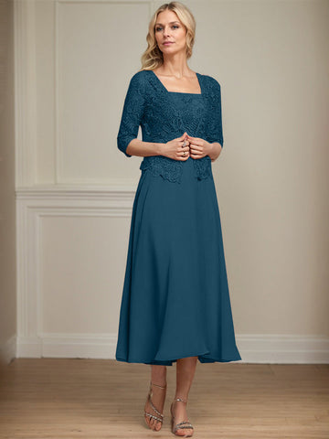 A-line Square Tea-Length Chiffon Lace Mother of the Bride Dress With Sequins Beading