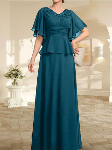 A-line V-Neck Floor-Length Chiffon Mother of the Bride Dress With Pleated Beading