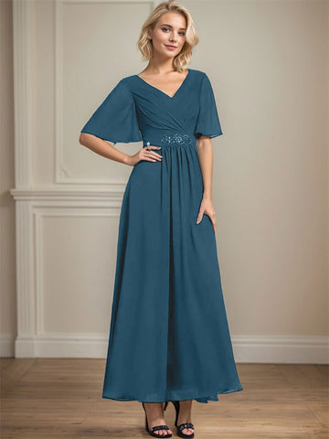 A-line V-Neck Ankle-Length Chiffon Mother of the Bride Dress With Pleated Beading Sequins