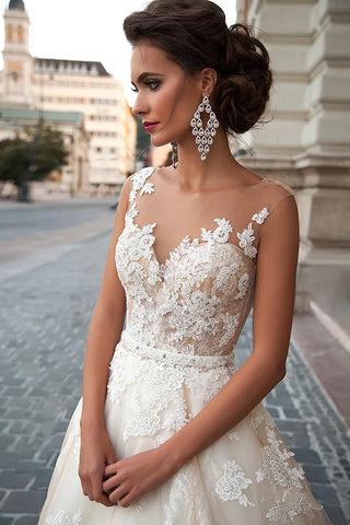 Transparent Champagne Bride with Removable Pearl Belt Sleeveless Bare Back Lace2023 Series wedding dress