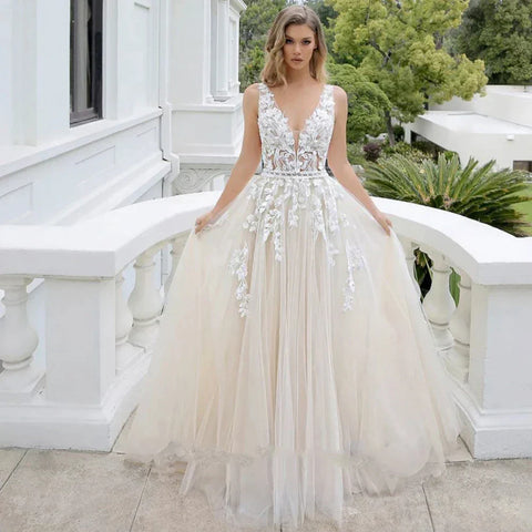 Tulle Appliques Wedding Dresses For Women 2023 Bride Deep V Neck A Line Court Train Backless Customised Robe De Mariée Vestidos