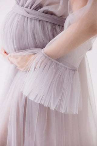 V Neck Tulle Puffy Maternity Dress With Train