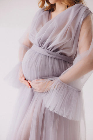 V Neck Tulle Puffy Maternity Dress With Train