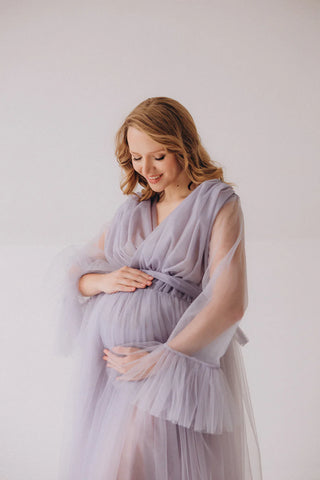 V Neck Tulle Puffy Maternity Dress With Train