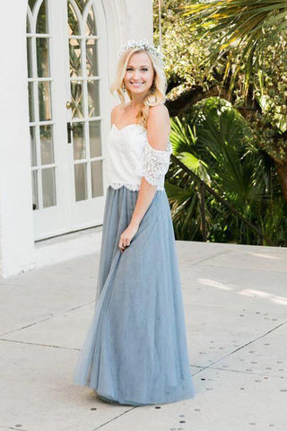 Tulle Two Piece Off-the-Shoulder Floor Length Lace Bridesmaid Dresses