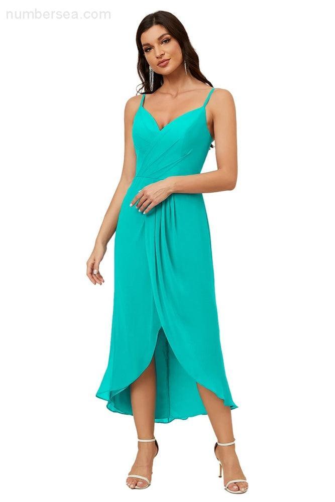 Spaghetti Chiffon V Neck Bridesmaid Dress Mid-Length Slit Formal Prom Dress Homecoming Dress 2803