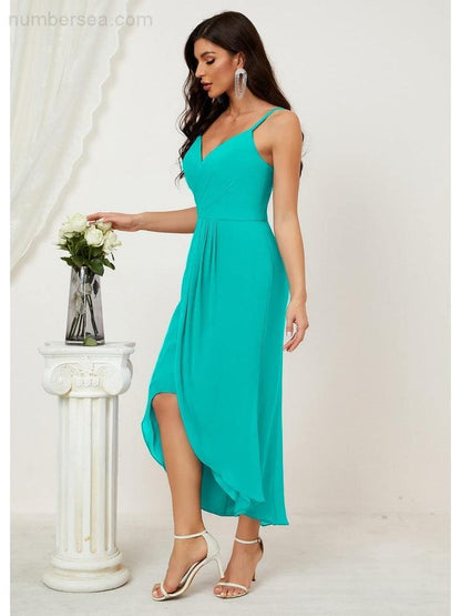 Spaghetti Chiffon V Neck Bridesmaid Dress Mid-Length Slit Formal Prom Dress Homecoming Dress 2803