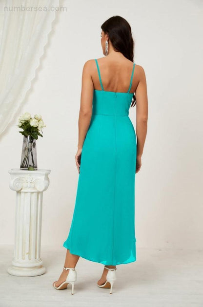 Spaghetti Chiffon V Neck Bridesmaid Dress Mid-Length Slit Formal Prom Dress Homecoming Dress 2803