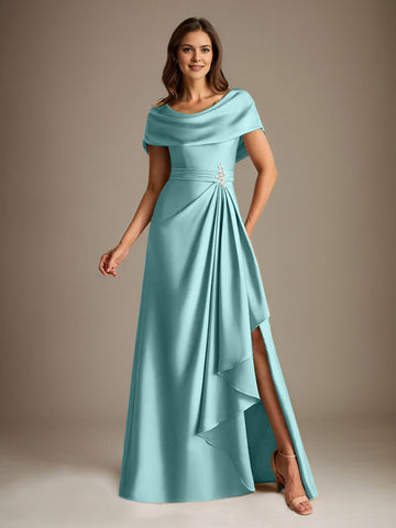 A-Line Scoop Floor-Length Stretch Satin Mother of the Bride Dress With Cascading Ruffles