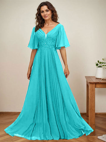 A-line V-Neck Floor-Length Chiffon Mother of the Bride Dress With Sequins Appliques Lace Pleated