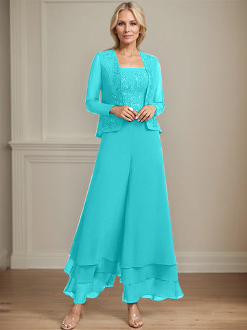 Separates Jumpsuit/Pantsuit Square Ankle-Length Lace Chiffon Mother of the Bride Dress With Sequins