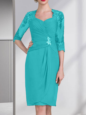 Sheath/Column Sweetheart Knee-Length Chiffon Mother of the Bride Dress With Beading Appliques Lace Sequins Pleated
