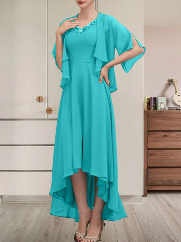 A-line V-Neck Asymmetrical Chiffon Mother of the Bride Dress With Beading Sequins