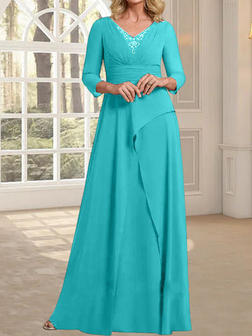 A-line V-Neck Floor-Length Chiffon Mother of the Bride Dress With Pleated Beading