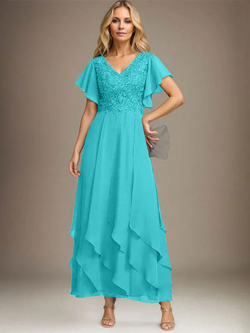 A-line V-Neck Ankle-Length Lace Chiffon Mother of the Bride Dress With Cascading Ruffles