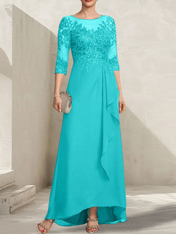 A-line Scoop Illusion Asymmetrical Lace Chiffon Mother of the Bride Dress With Sequins Cascading Ruffles