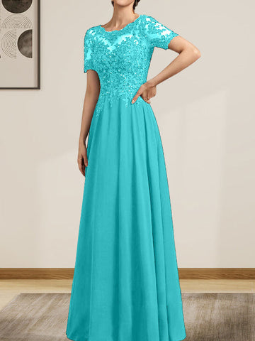 A-line Scoop Illusion Floor-Length Chiffon Lace Mother of the Bride Dress With Sequins Beading