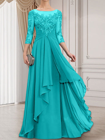 A-line Scoop Illusion Floor-Length Lace Chiffon Mother of the Bride Dress With Cascading Ruffles