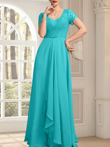 A-line Sweetheart Floor-Length Chiffon Lace Mother of the Bride Dress With Beading Cascading Ruffles