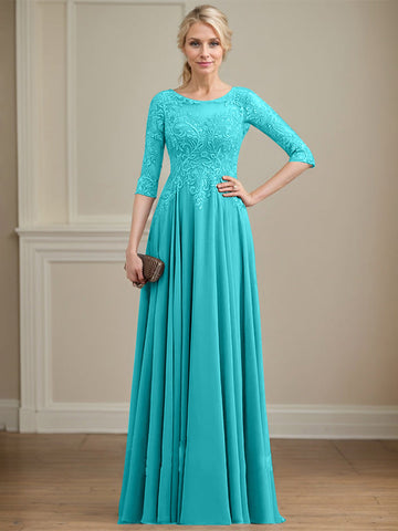 A-line Scoop Illusion Floor-Length Lace Chiffon Mother of the Bride Dress With Sequins