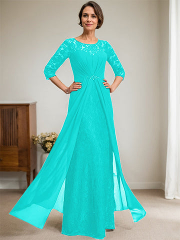 A-Line Scoop Illusion Floor-Length Lace Chiffon Mother Of the Bride Dress With Beading Ruffles
