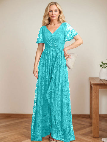 Vestido de novia de encaje asimétrico con escote en V y corte en A para la madre de la novia, con volantes en cascada. 