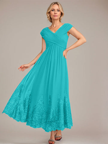 A-line V-Neck Ankle-Length Chiffon Mother of the Bride Dress With Applique Sequins